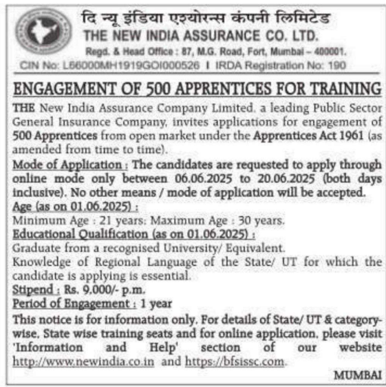 NIACL Apprentices Recruitment 2025 – Apply Online for 500 Posts